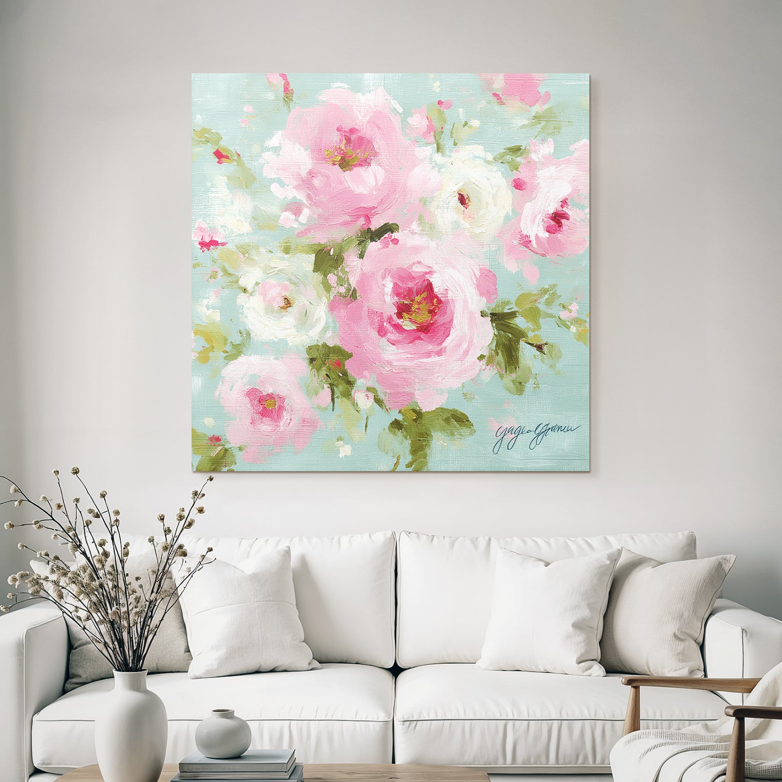 Blumenmalerei Rosa Blumen Hellblauer Hintergrund