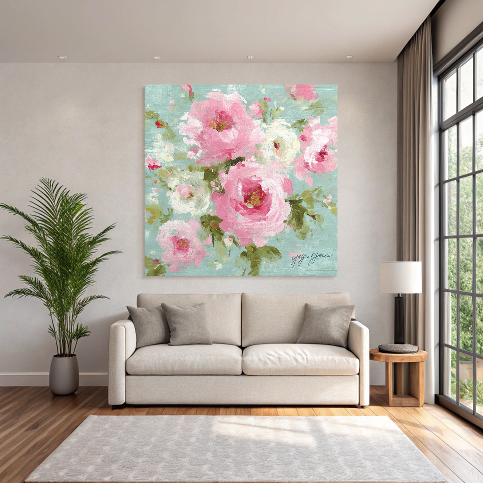 Blumenmalerei Rosa Blumen Hellblauer Hintergrund