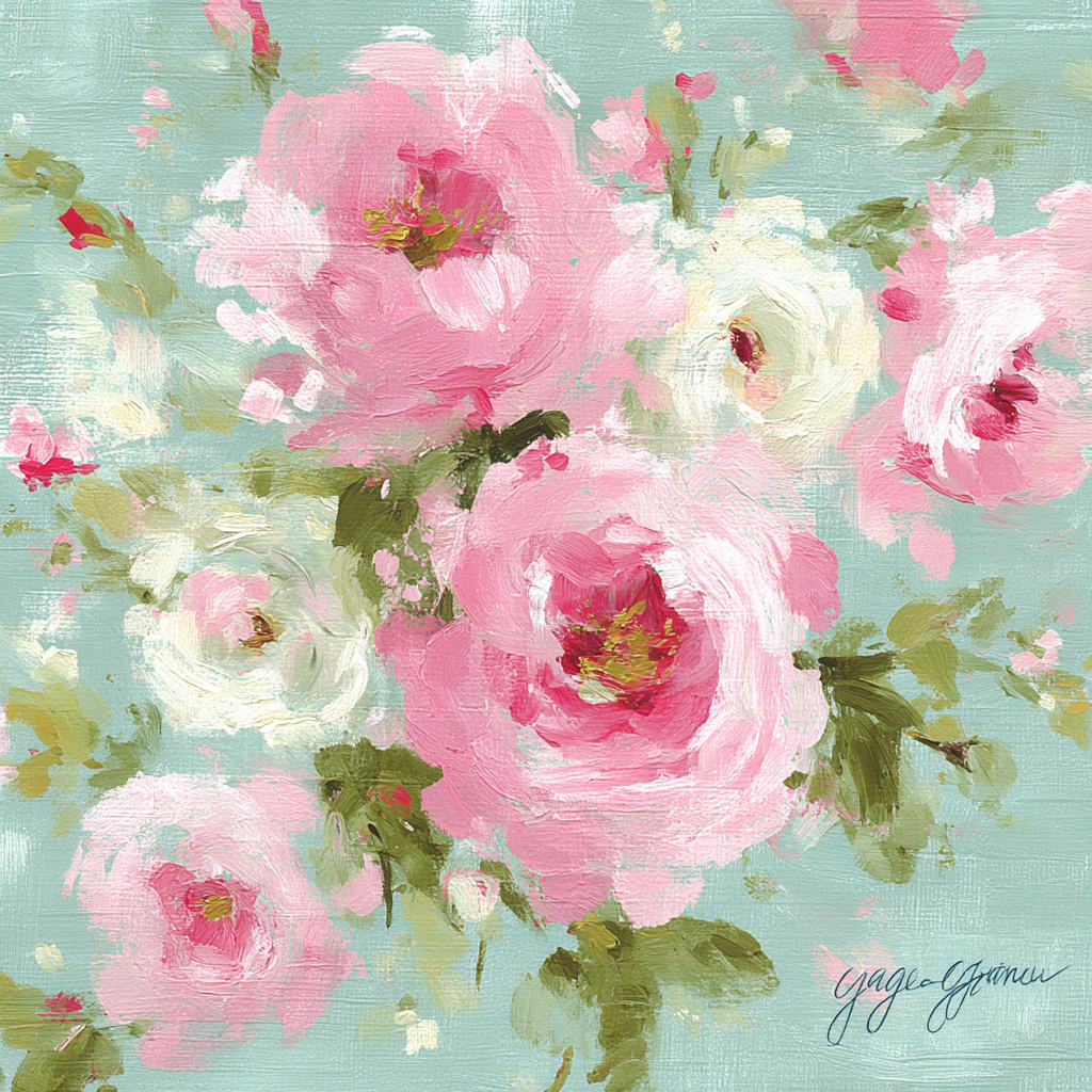 Blumenmalerei Rosa Blumen Hellblauer Hintergrund | Romantisch und Landhaus | Einrichtungsstile