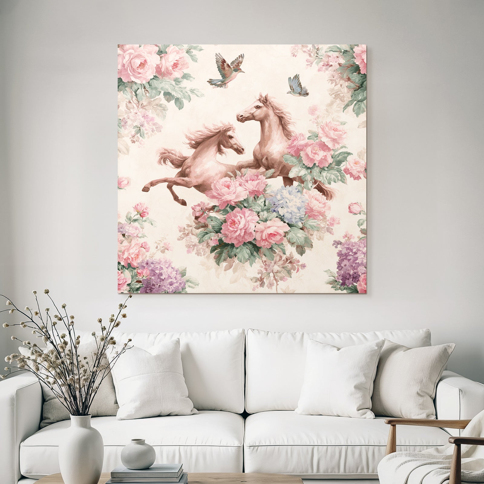 Pferde Blumen Voegel Illustration Dekoration