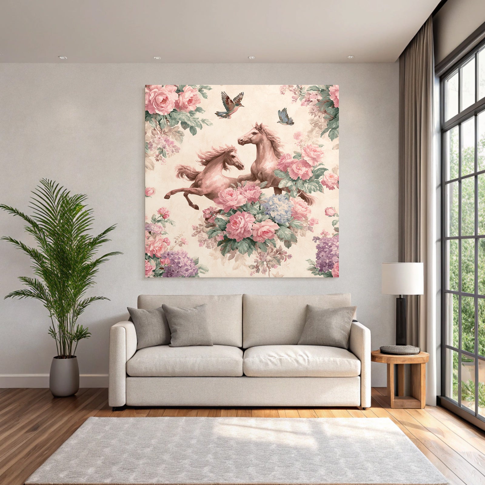 Pferde Blumen Voegel Illustration Dekoration