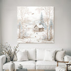 Ruhige Winterlandschaft Steinhaus Baum Schnee Voegel Berge