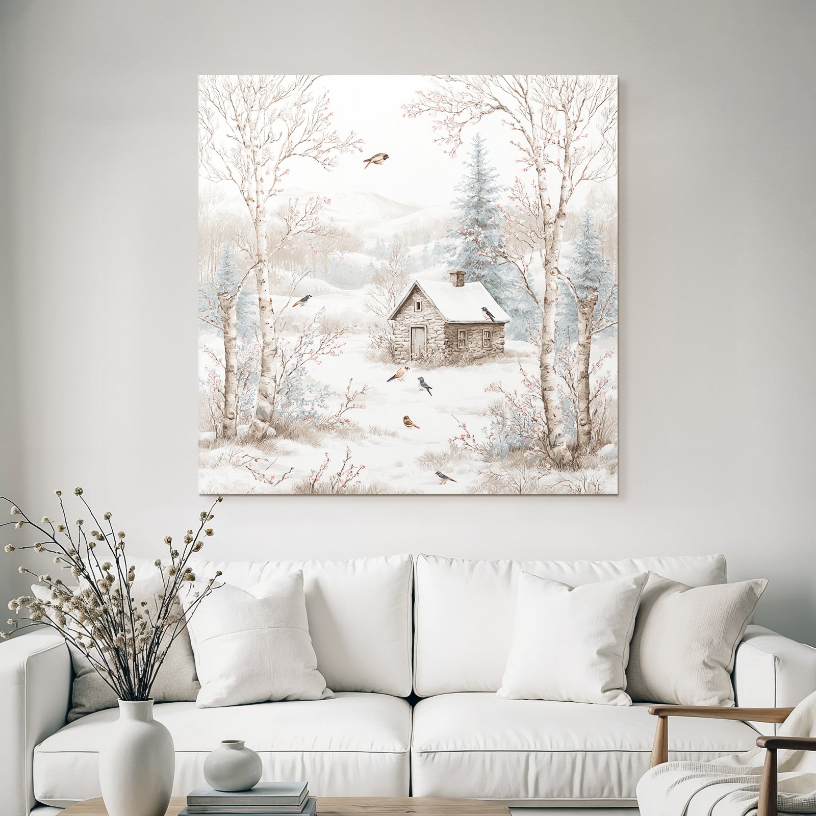 Ruhige Winterlandschaft Steinhaus Baum Schnee Voegel Berge