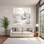 Ruhige Winterlandschaft Steinhaus Baum Schnee Voegel Berge