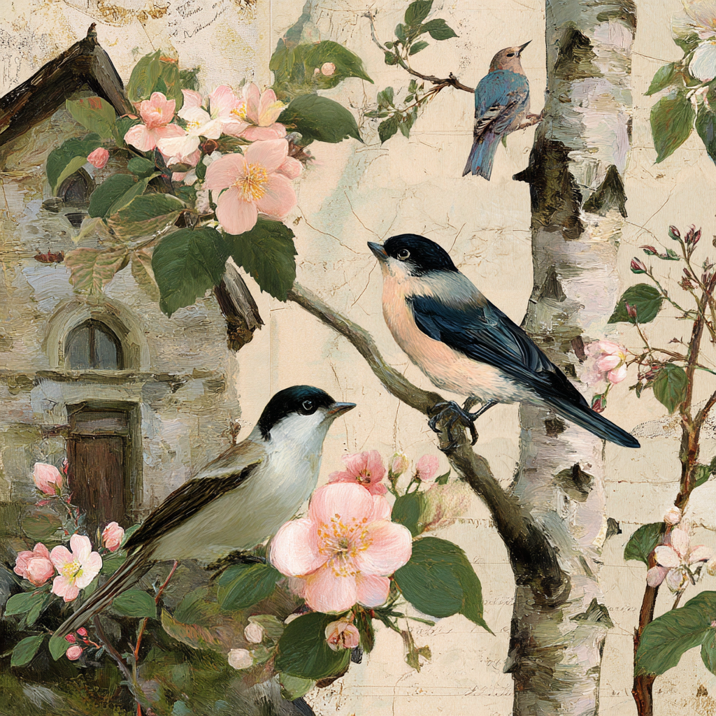 Voegel Blumen Haus Illustration | Romantisch und Landhaus | Einrichtungsstile