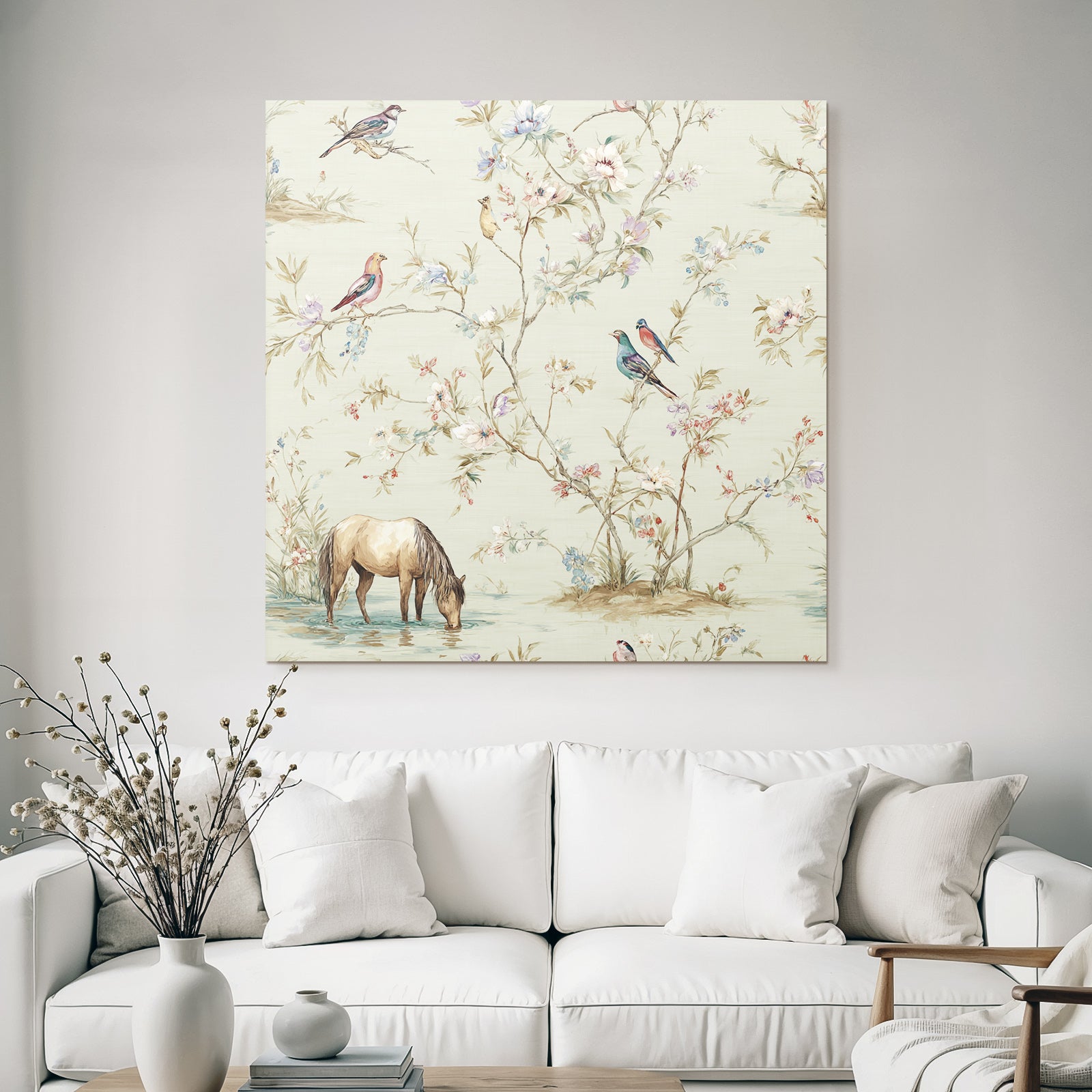 Voegel Und Blumen Pferd Am Wasser Illustration