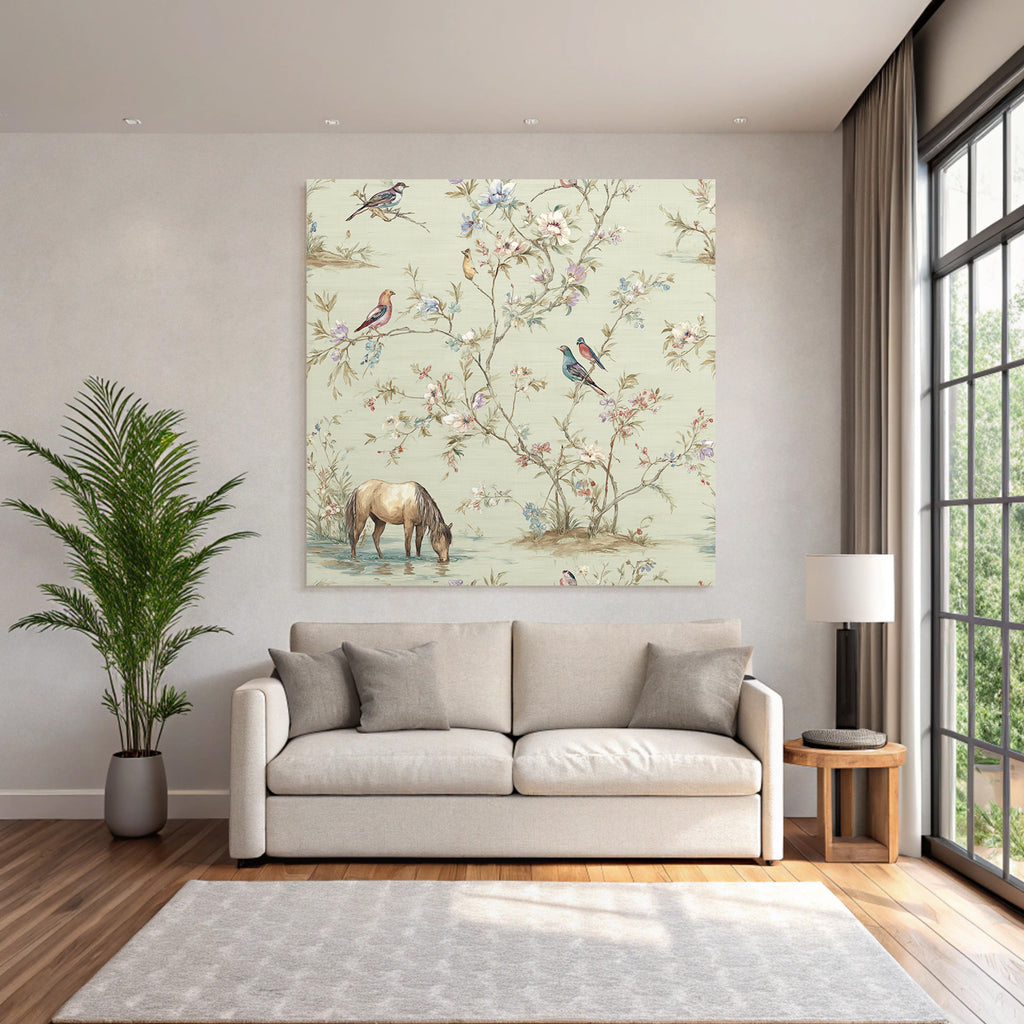 Voegel Und Blumen Pferd Am Wasser Illustration