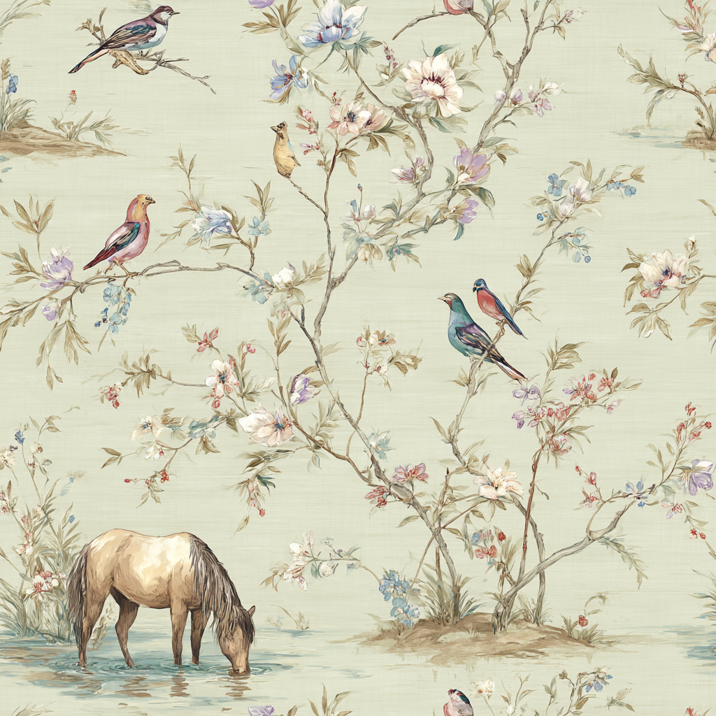 Voegel Und Blumen Pferd Am Wasser Illustration | Romantisch und Landhaus | Einrichtungsstile