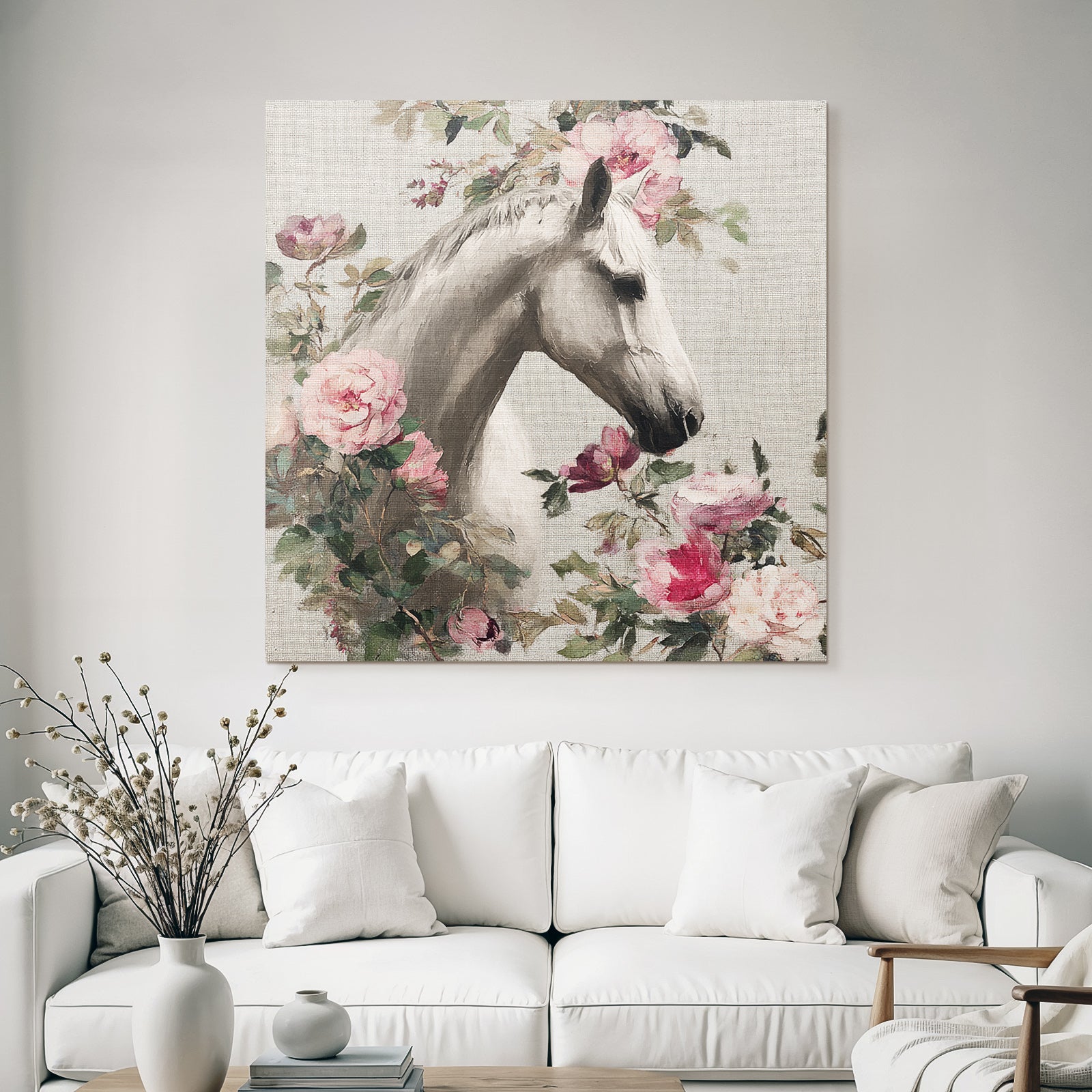 Weisser Pferd Blumen Gemalt