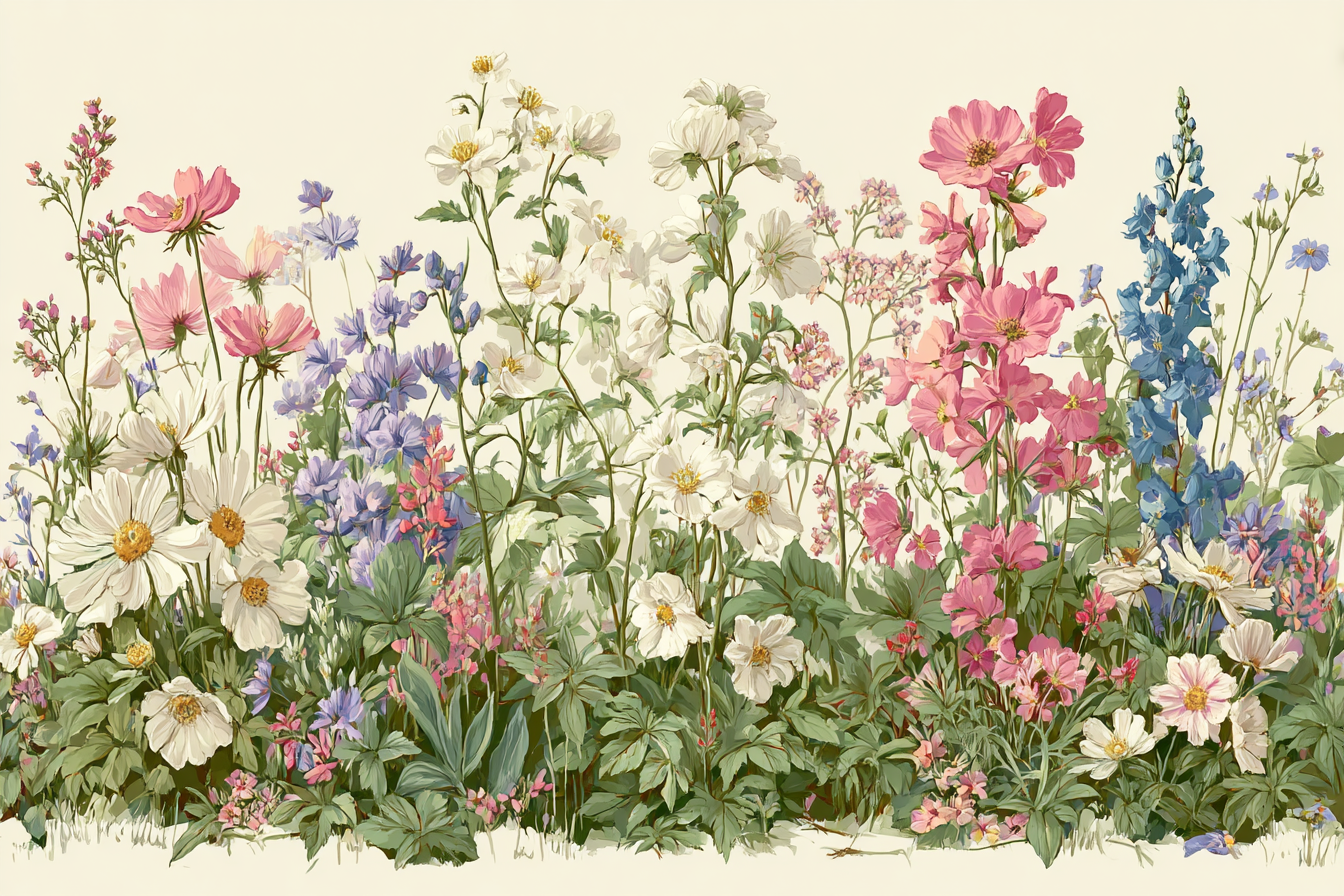 Blumenmuster Illustration Blumen In Verschiedenen Farben Beige Hintergrund | Romantisch und Landhaus | Einrichtungsstile