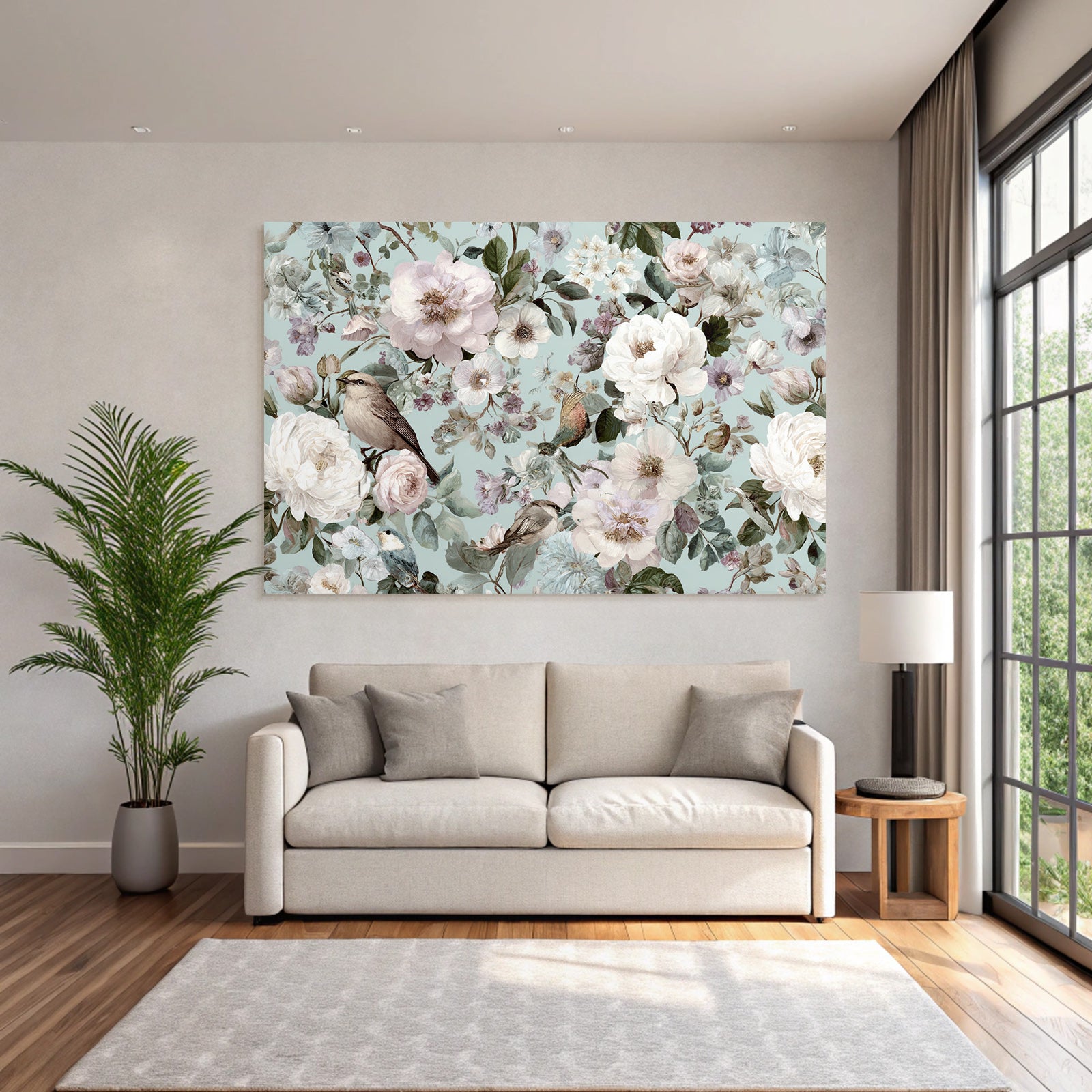 Blumenmuster Mit Voegeln Auf Blauem Hintergrund