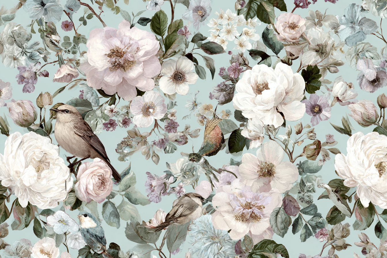 Blumenmuster Mit Voegeln Auf Blauem Hintergrund | Romantisch und Landhaus | Einrichtungsstile