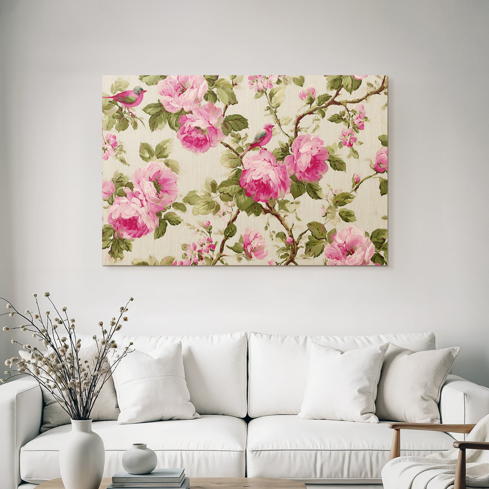 Floraldesign Rosa Und Voegel Wallpaper Fabric