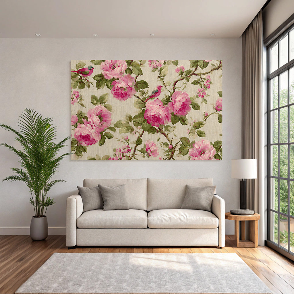 Floraldesign Rosa Und Voegel Wallpaper Fabric