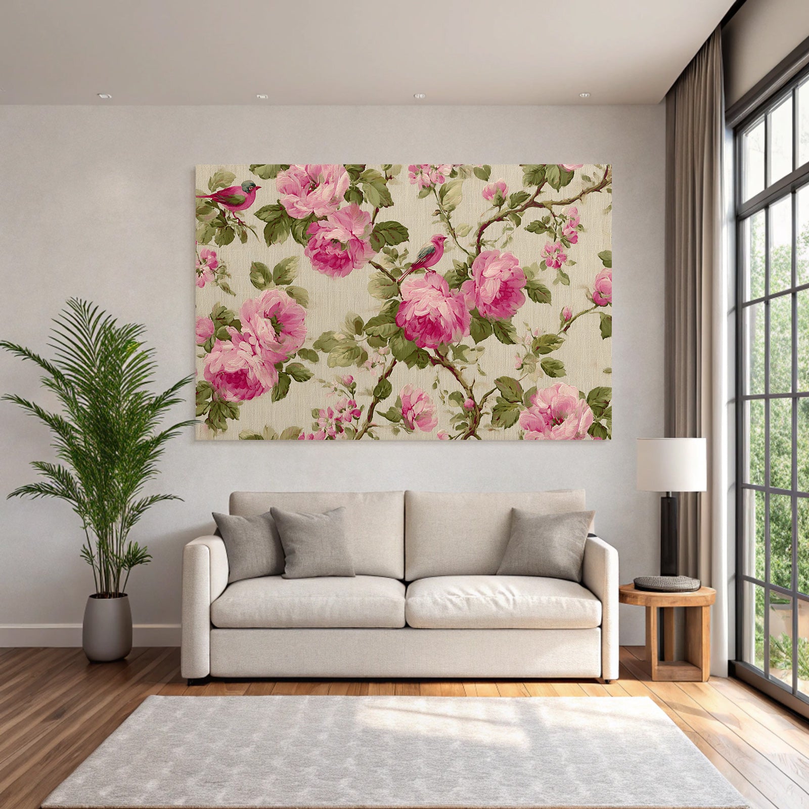 Floraldesign Rosa Und Voegel Wallpaper Fabric