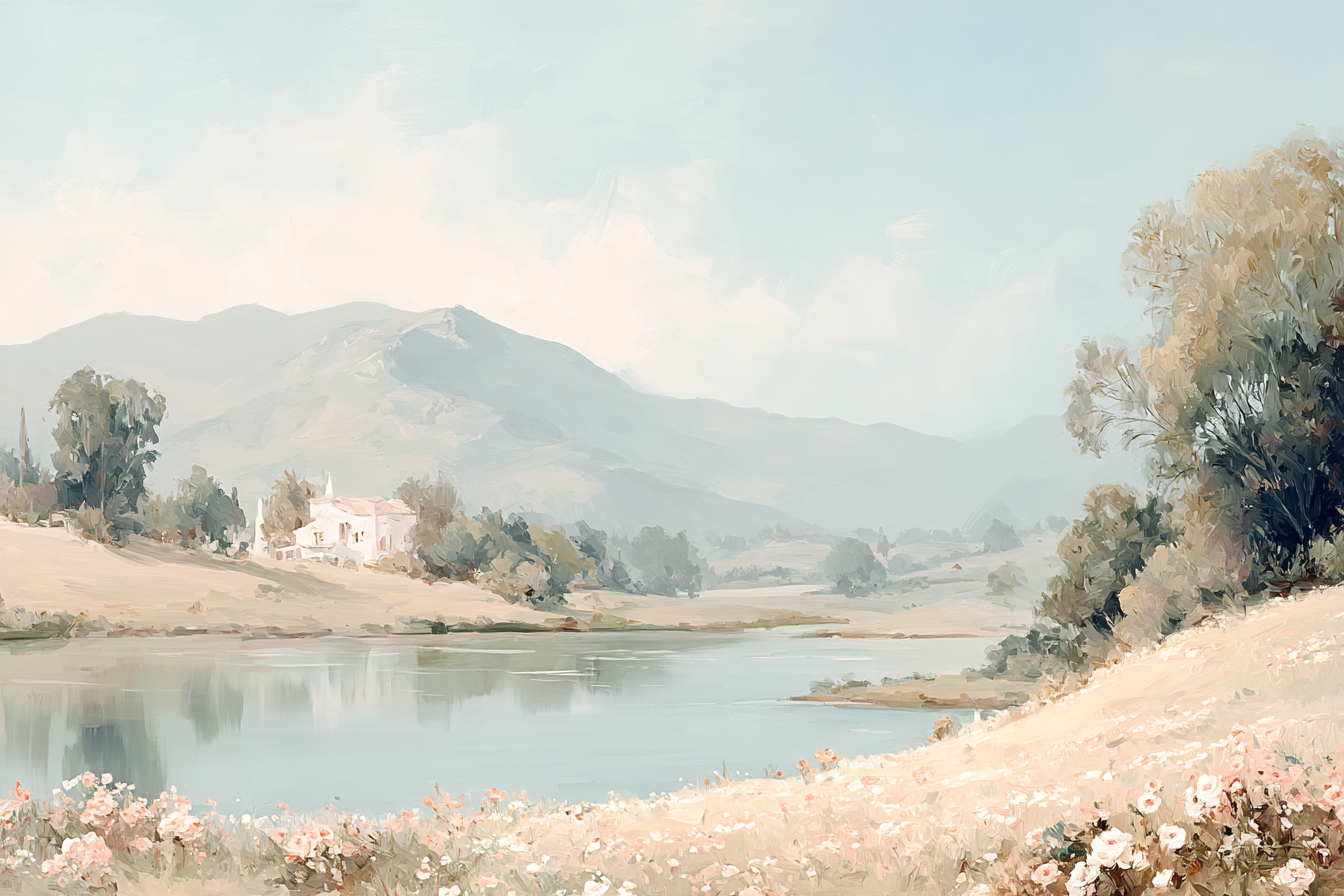 Friedliche Landschaft Mit Fluss Bergen Haus Blumen | Romantisch und Landhaus | Einrichtungsstile