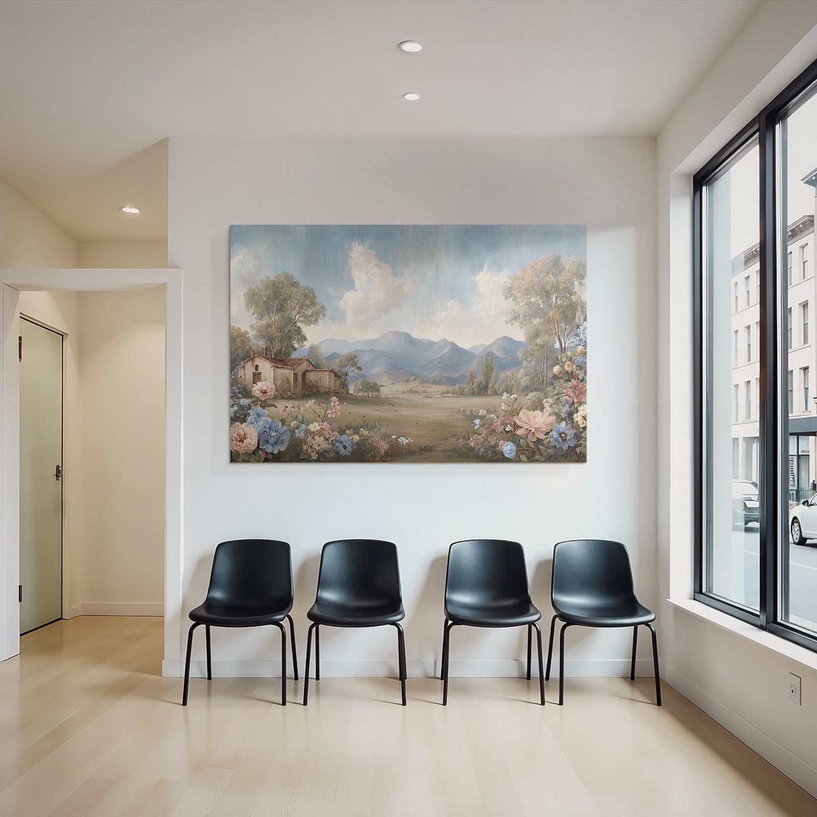 Landschaft Mit Bergen Baum Haus Blumen