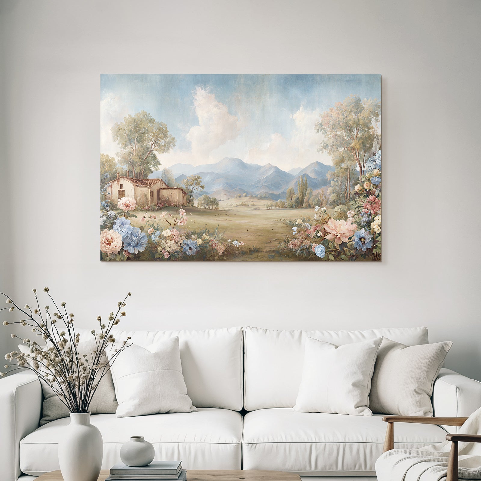 Landschaft Mit Bergen Baum Haus Blumen