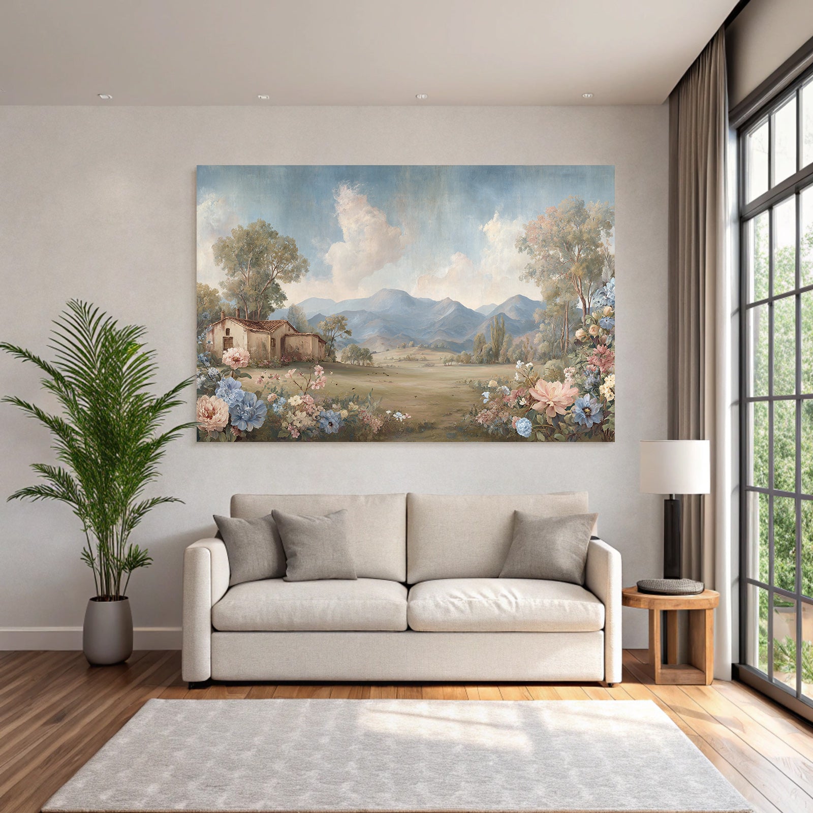 Landschaft Mit Bergen Baum Haus Blumen