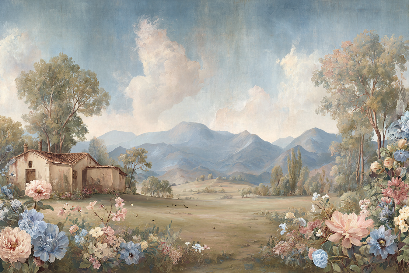 Landschaft Mit Bergen Baum Haus Blumen | Romantisch und Landhaus | Einrichtungsstile