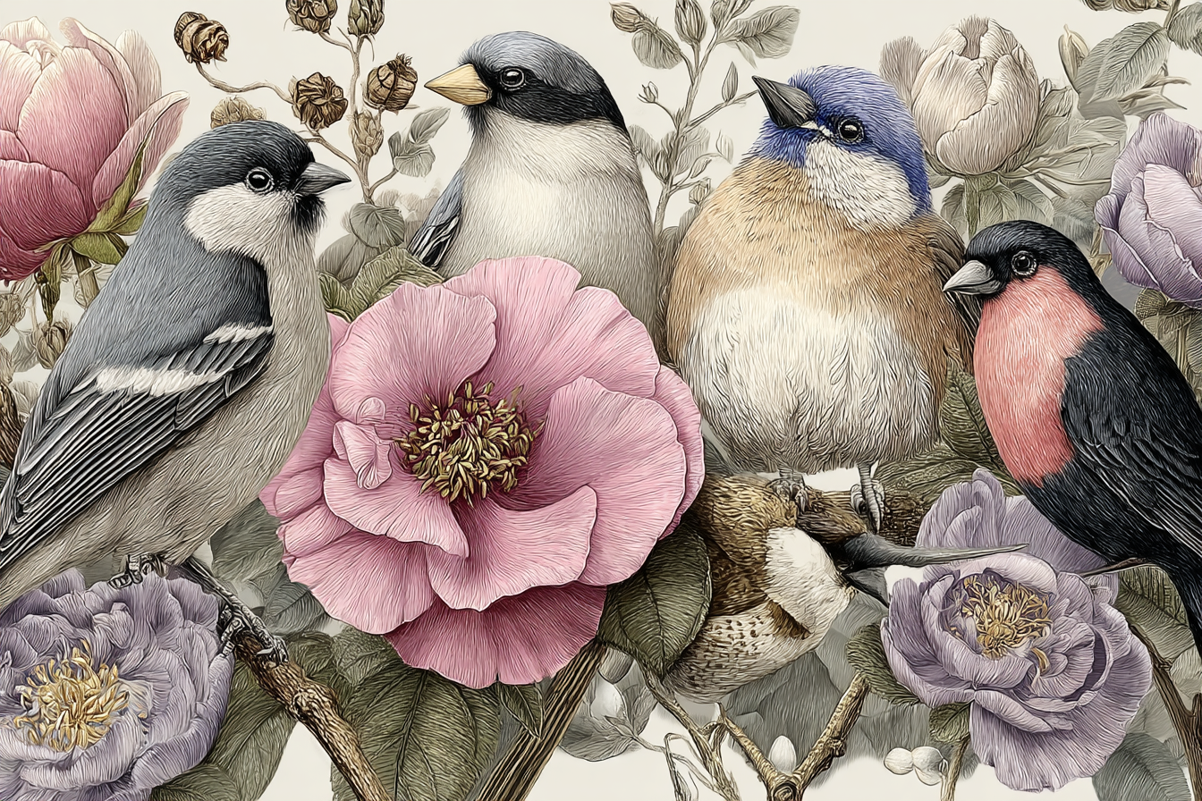Voegel Zwischen Blumen Illustration | Romantisch und Landhaus | Einrichtungsstile