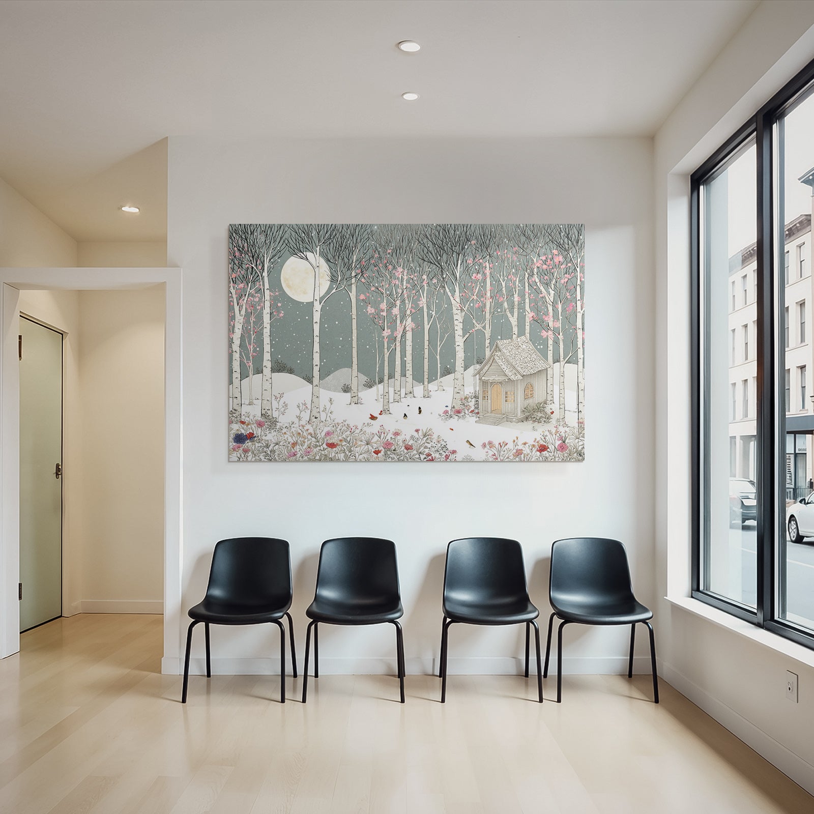 Winterlandschaft Mit Huette Baeume Und Blumen