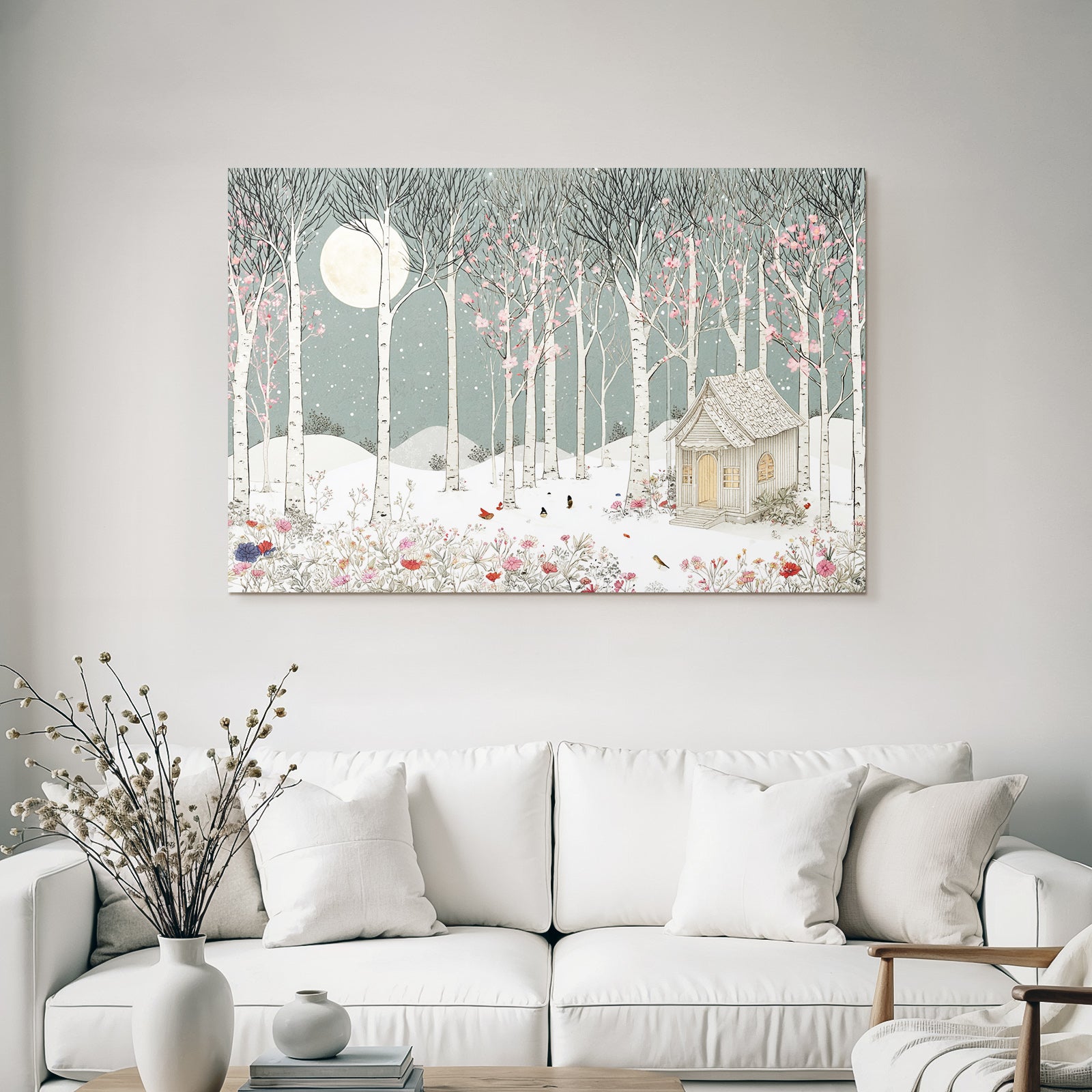 Winterlandschaft Mit Huette Baeume Und Blumen