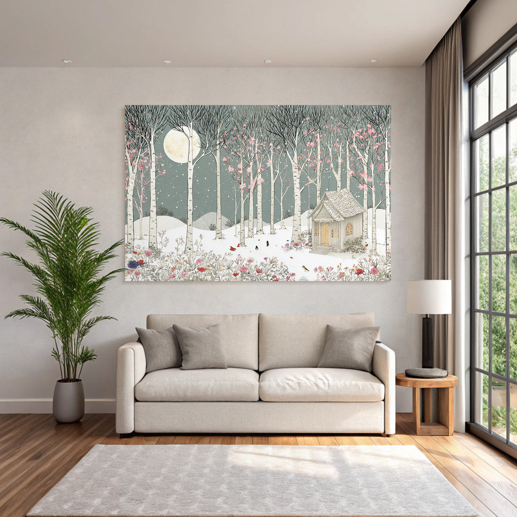 Winterlandschaft Mit Huette Baeume Und Blumen