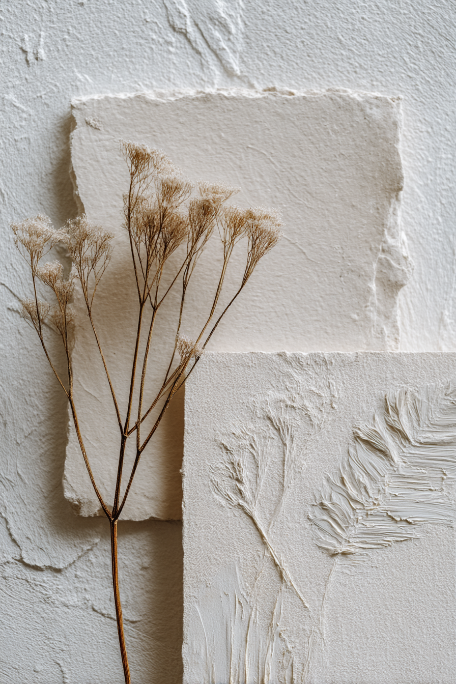Skandenavisch Texturiertes Weisses Papier Und Trockene Blumen Vor Wand | Skandinavisch | Einrichtungsstile