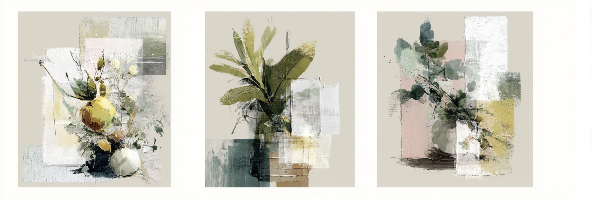 Skandenavisch Triptychon Abstrakte Malerei Botanische Elemente | Skandinavisch | Einrichtungsstile