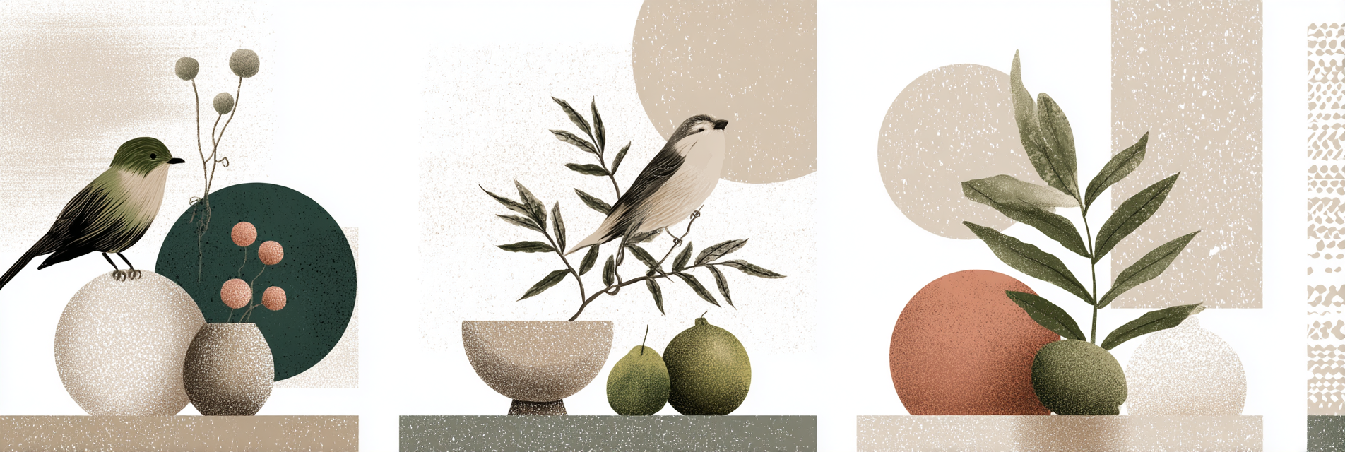 Skandenavisch Voegel Und Vasen Illustrierte Dekorative Elemente Triptychon | Skandinavisch | Einrichtungsstile