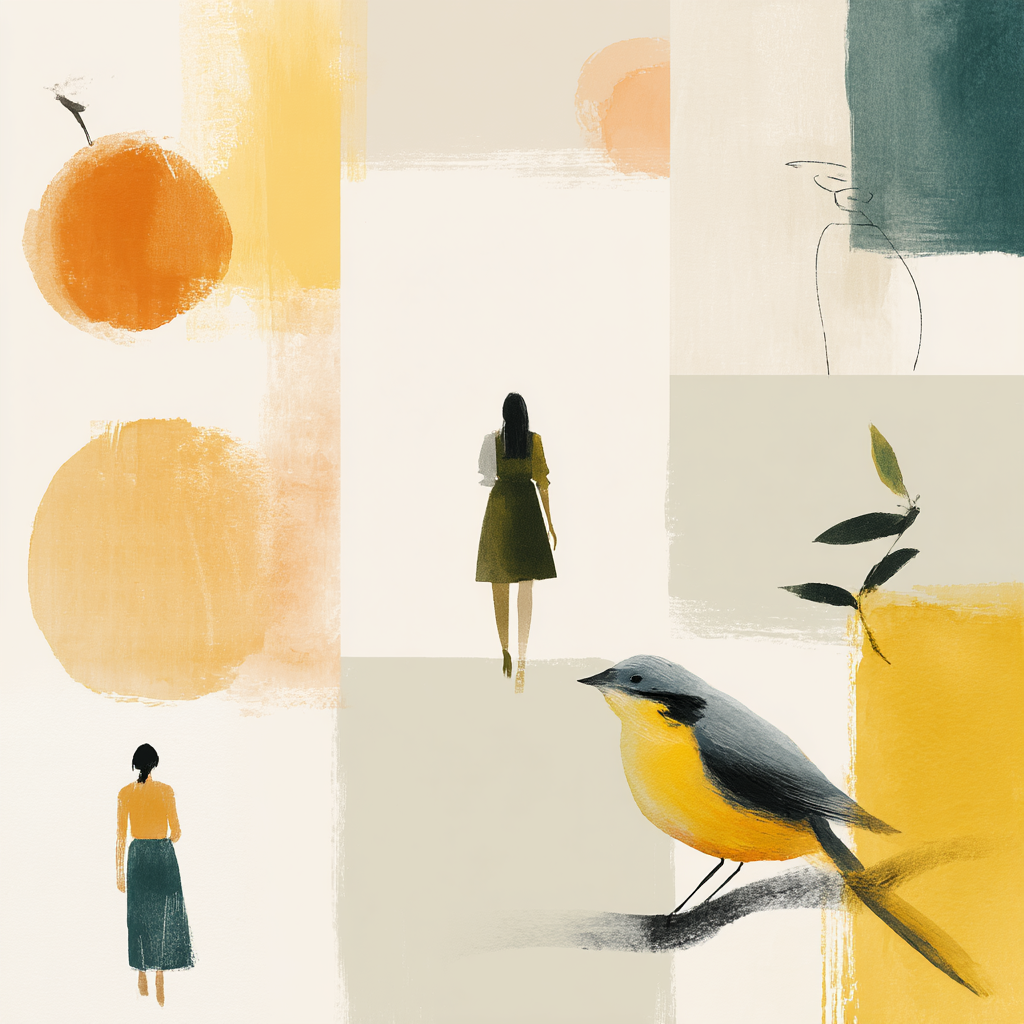 Skandenavisch Kuenstlerische Illustration Abstrakte Elemente Figuren Voegel Formen Farben | Skandinavisch | Einrichtungsstile