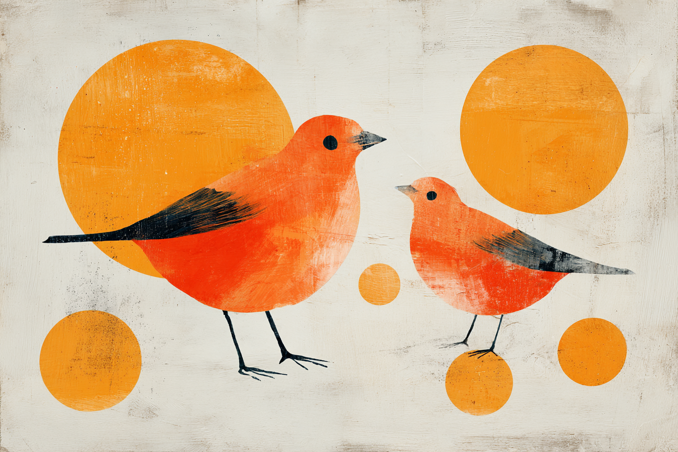 Zwei Stilisierte Voegel Orange Kreise Texturierten Hintergrund | Skandinavisch | Einrichtungsstile