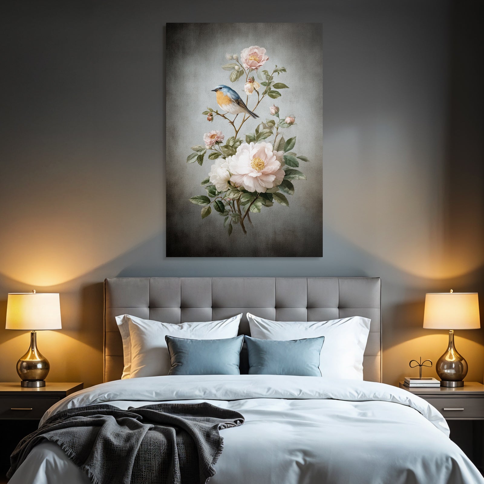 Vintage and shabby botanical illustration bird and flowers