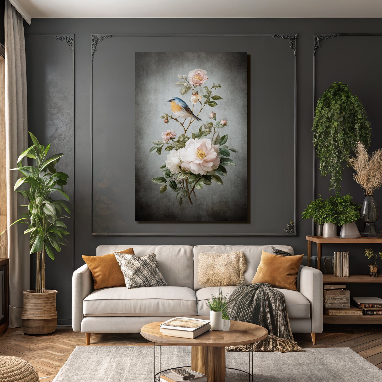 Vintage and shabby botanical illustration bird and flowers