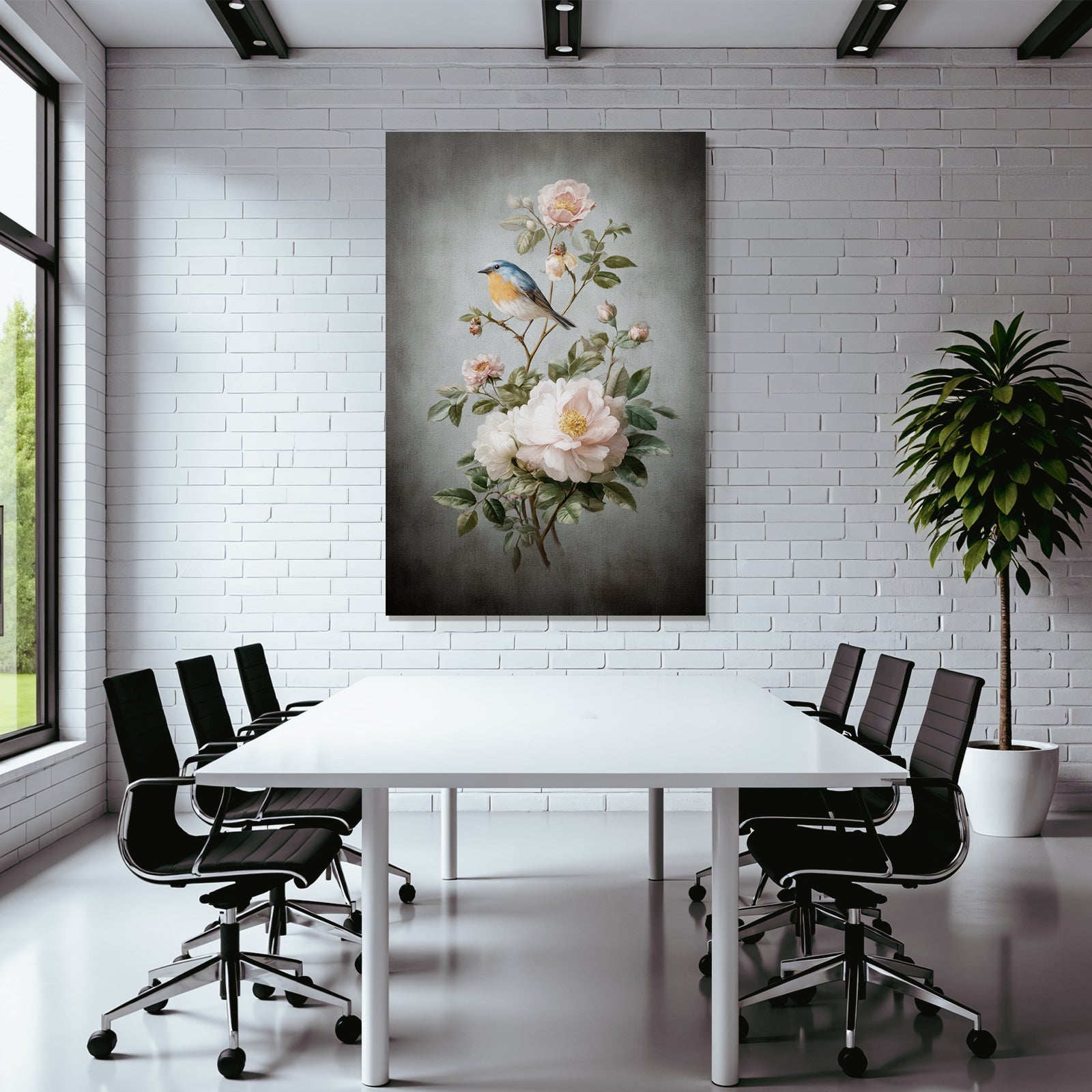 Vintage and shabby botanical illustration bird and flowers