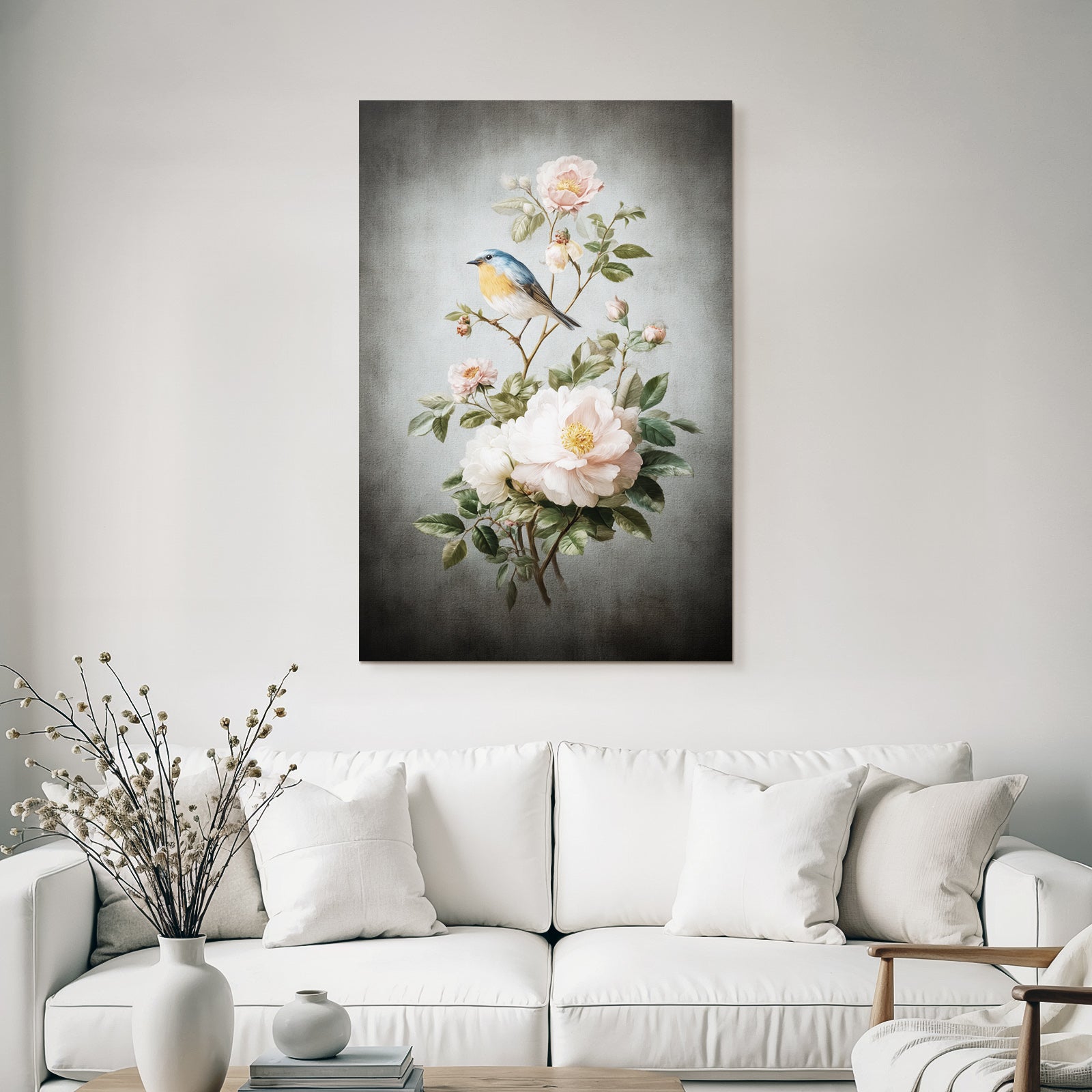 Vintage and shabby botanical illustration bird and flowers