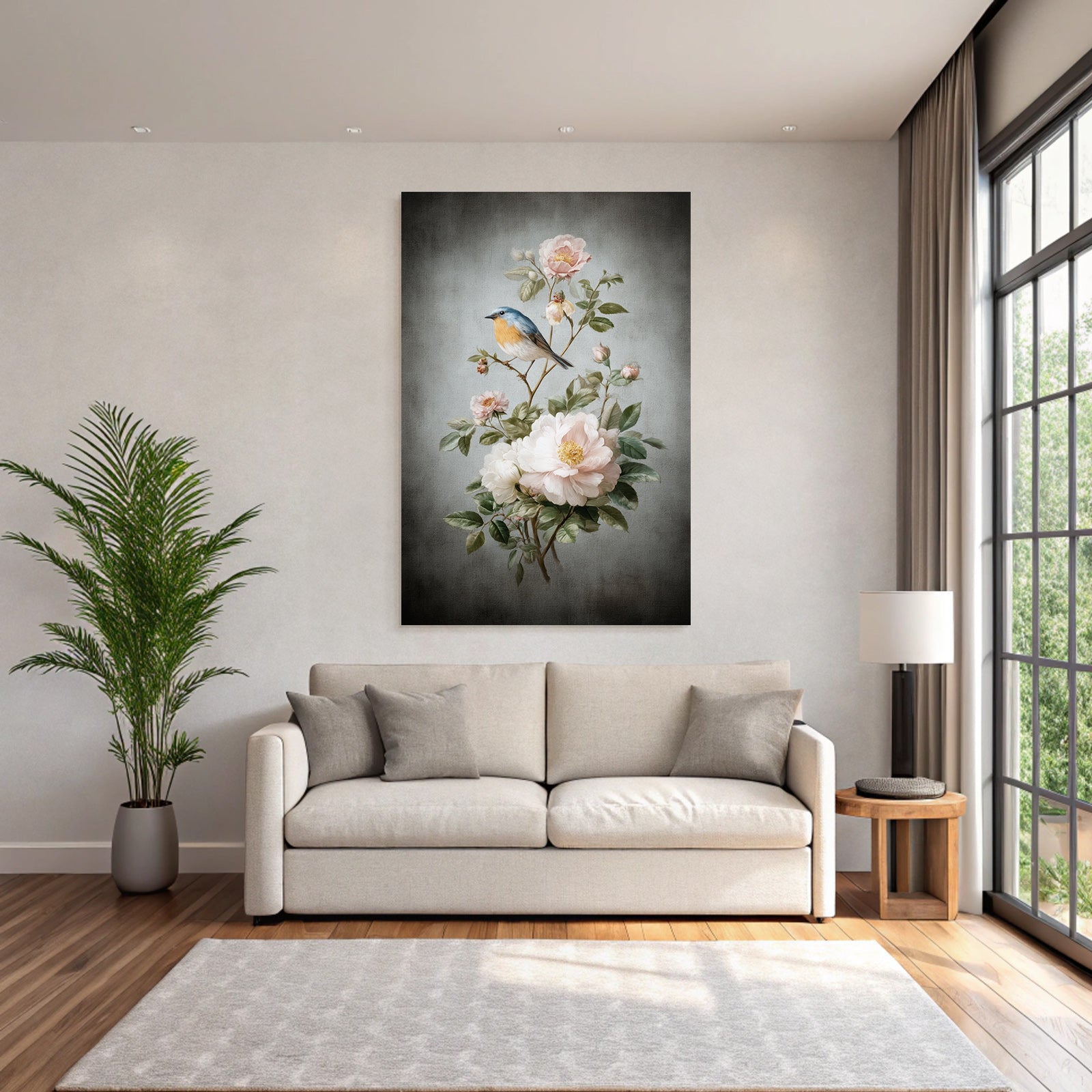 Vintage and shabby botanical illustration bird and flowers