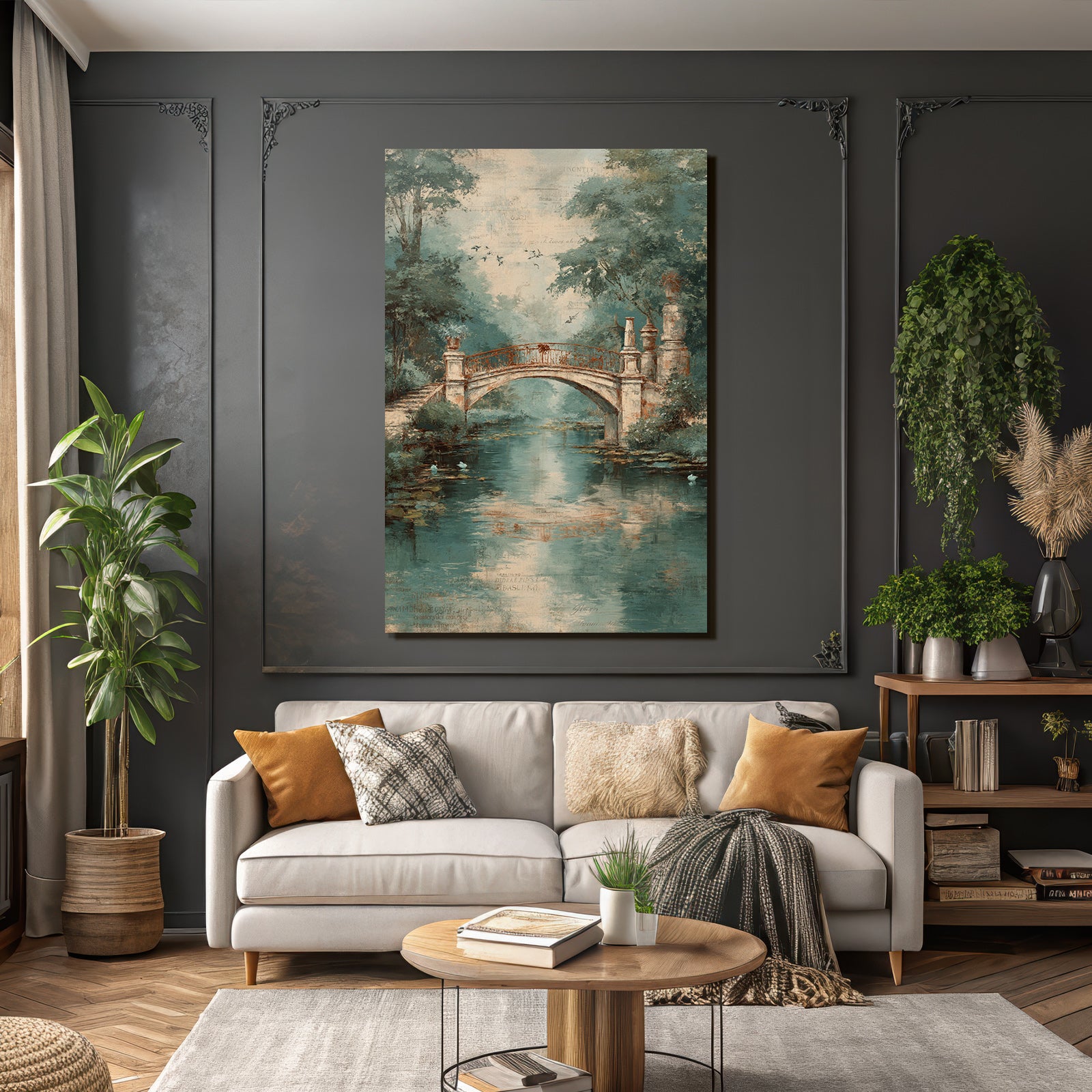 Vintage and shabby bridge over water surrounded by green background