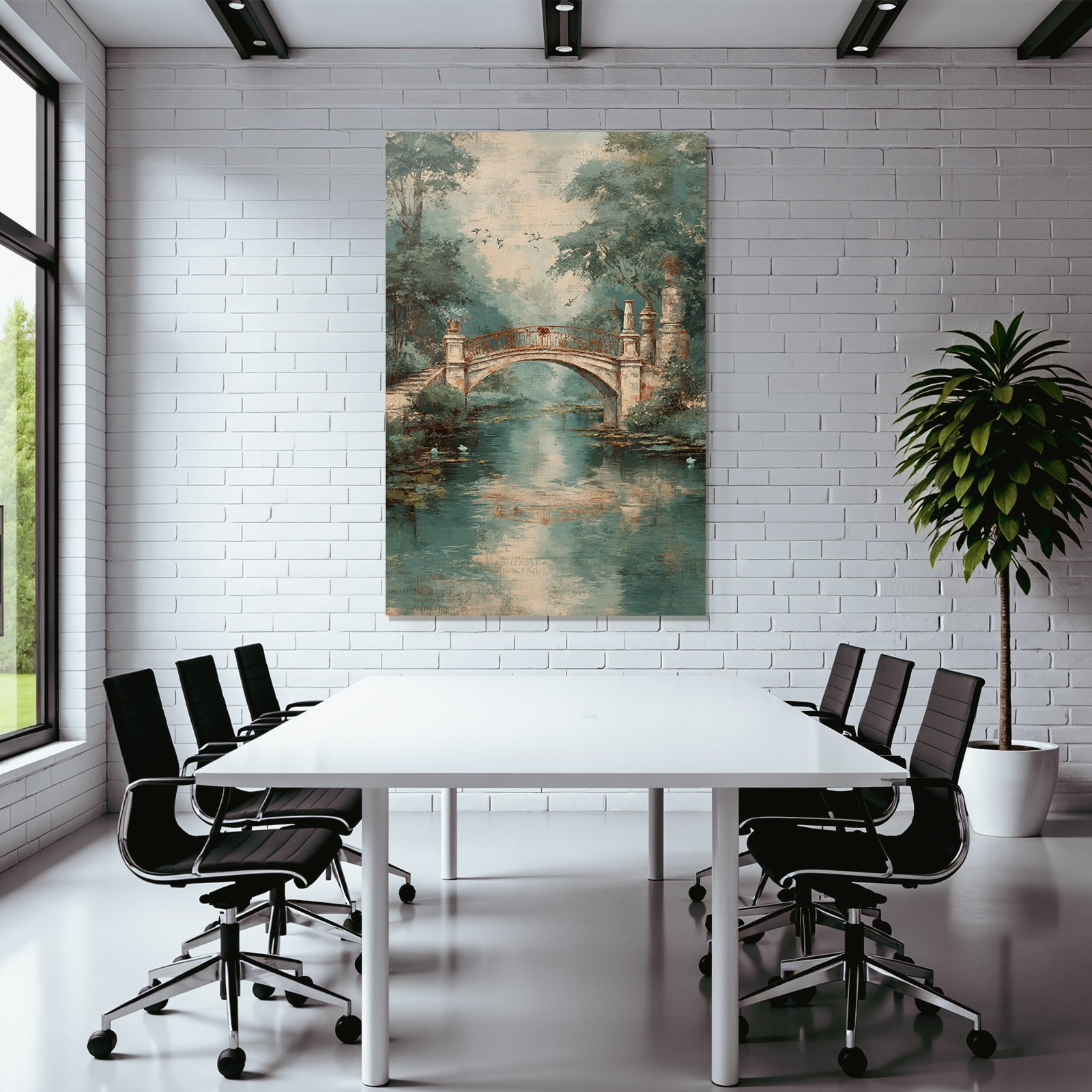 Vintage and shabby bridge over water surrounded by green background