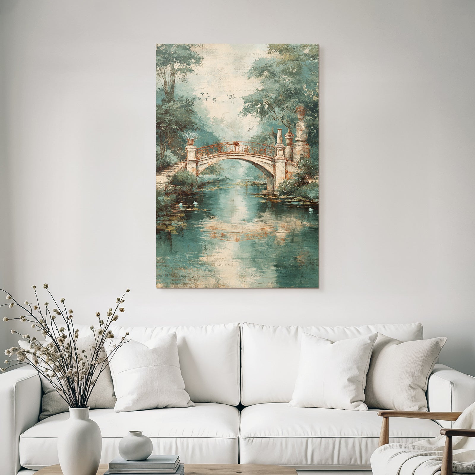 Vintage and shabby bridge over water surrounded by green background