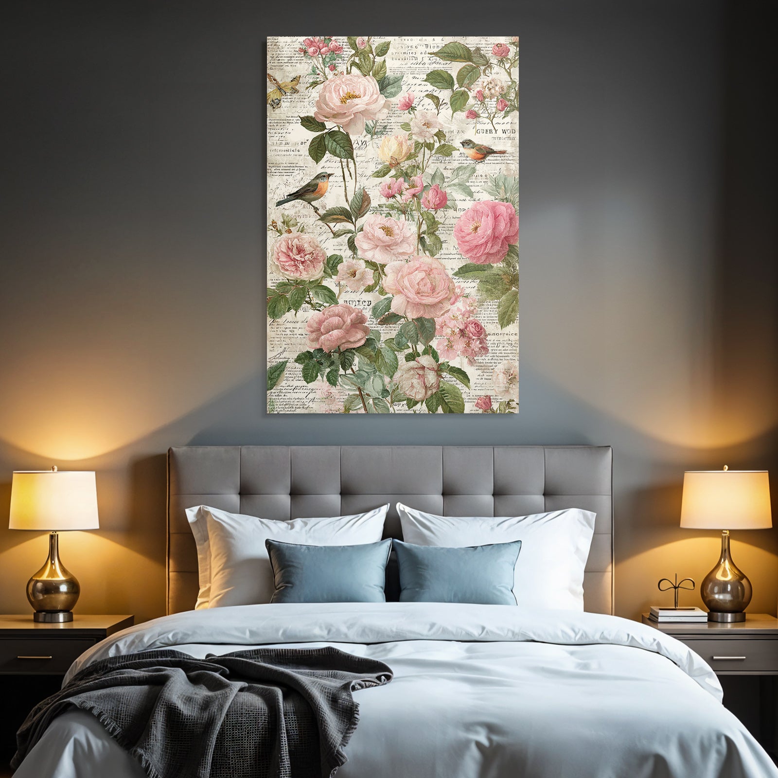 Vintage and shabby floral arrangement roses flowers vintage background bird