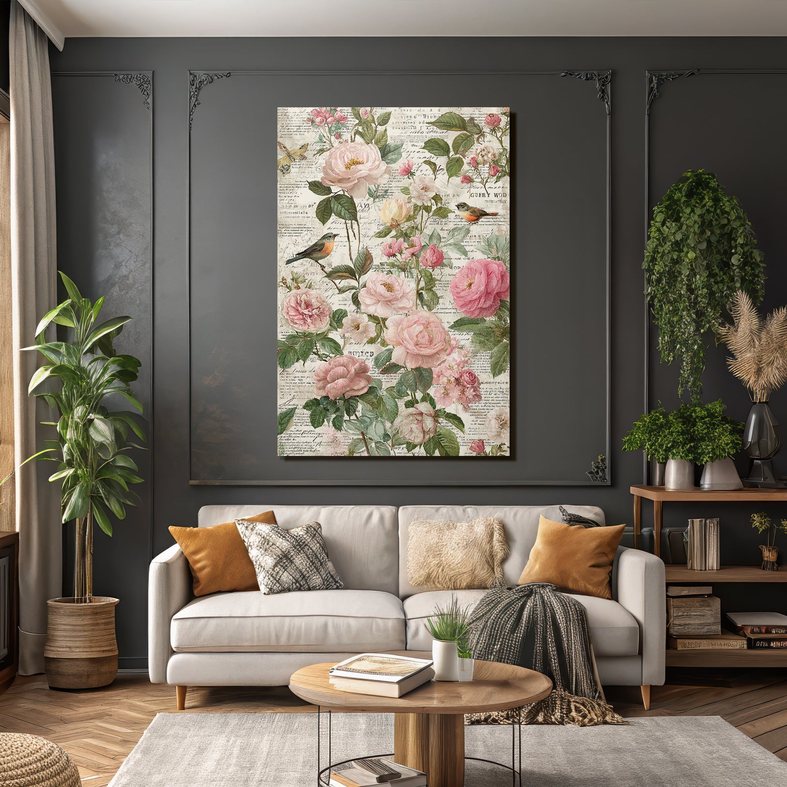 Vintage and shabby floral arrangement roses flowers vintage background bird