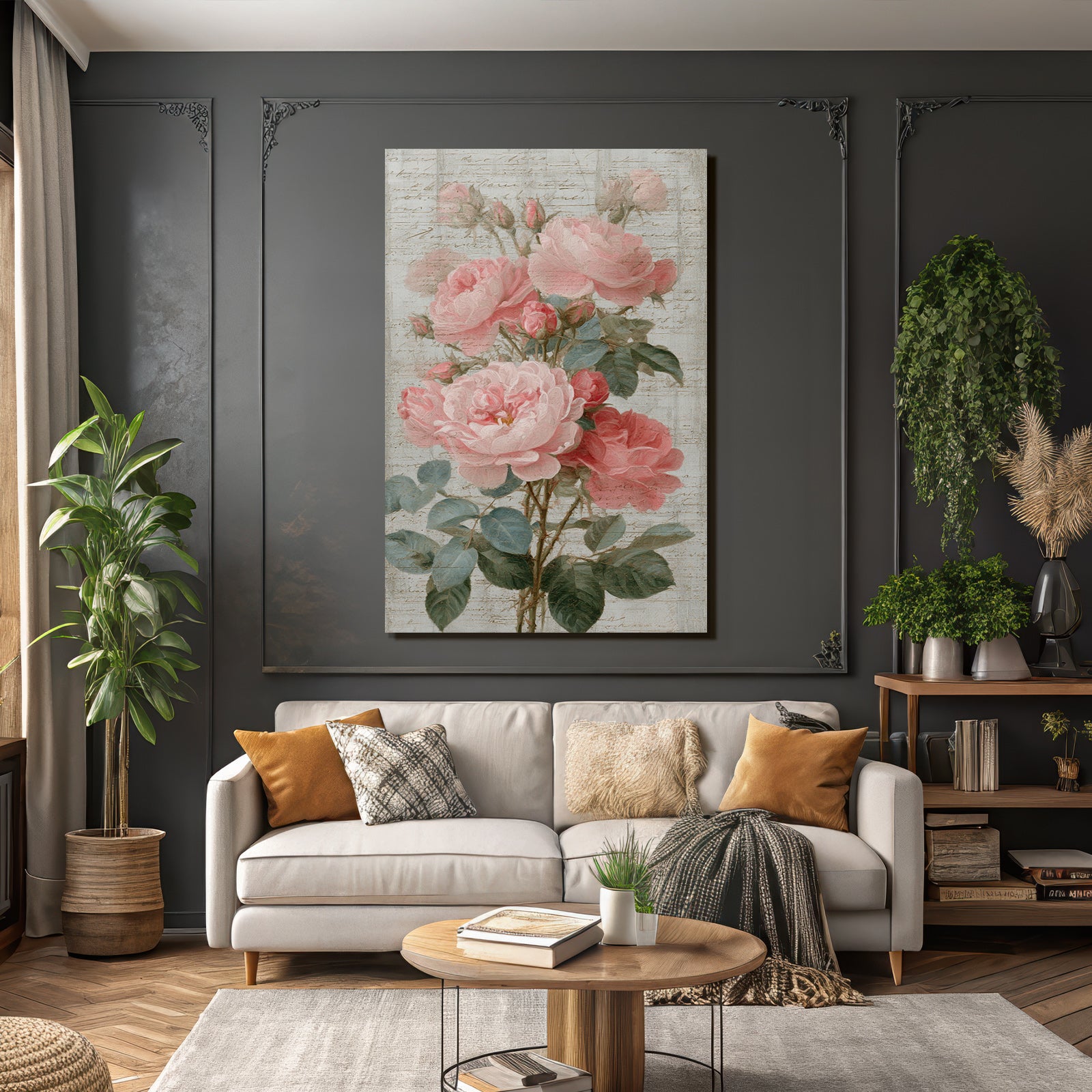 Vintage and shabby beautiful pink roses on textured background with lettering