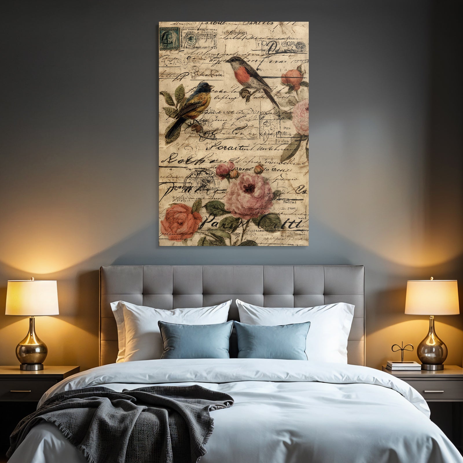 Vintage and shabby vintage garden with birds and roses handmade letters collage