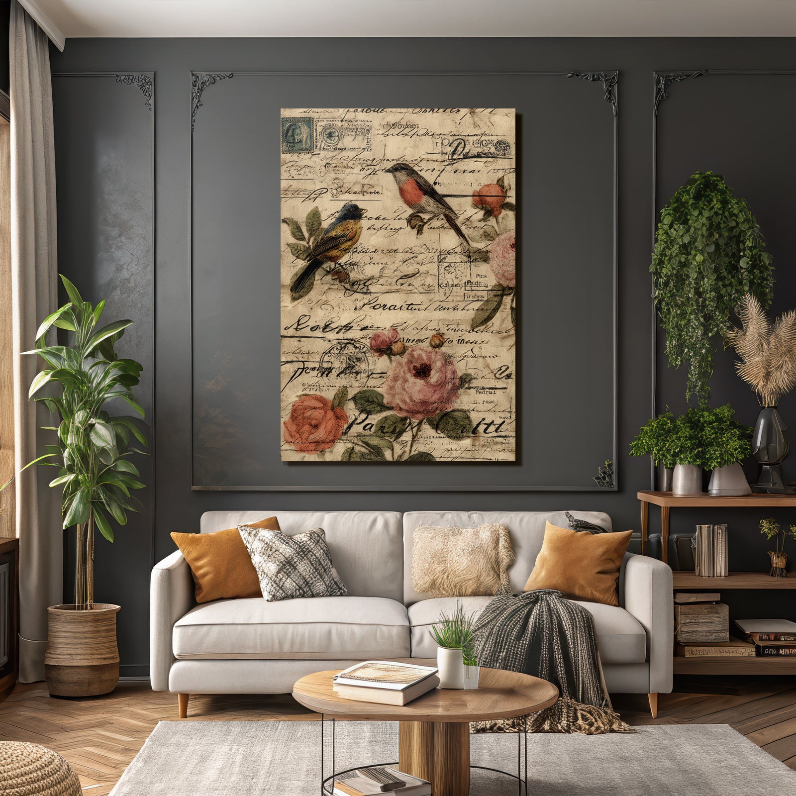 Vintage and shabby vintage garden with birds and roses handmade letters collage