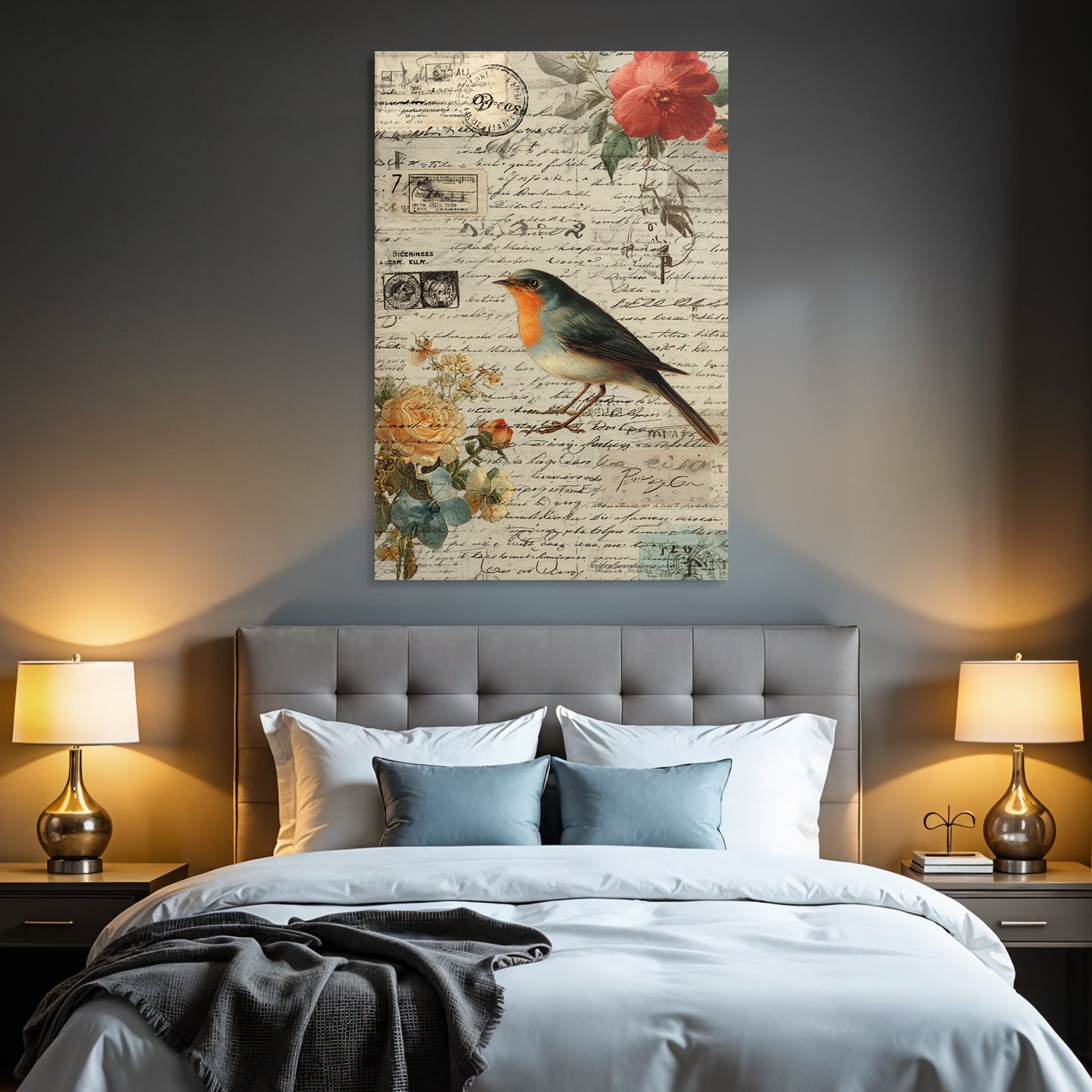 Vintage And Shabby Vintage Collage Bird Flowers Handwriting Stamp