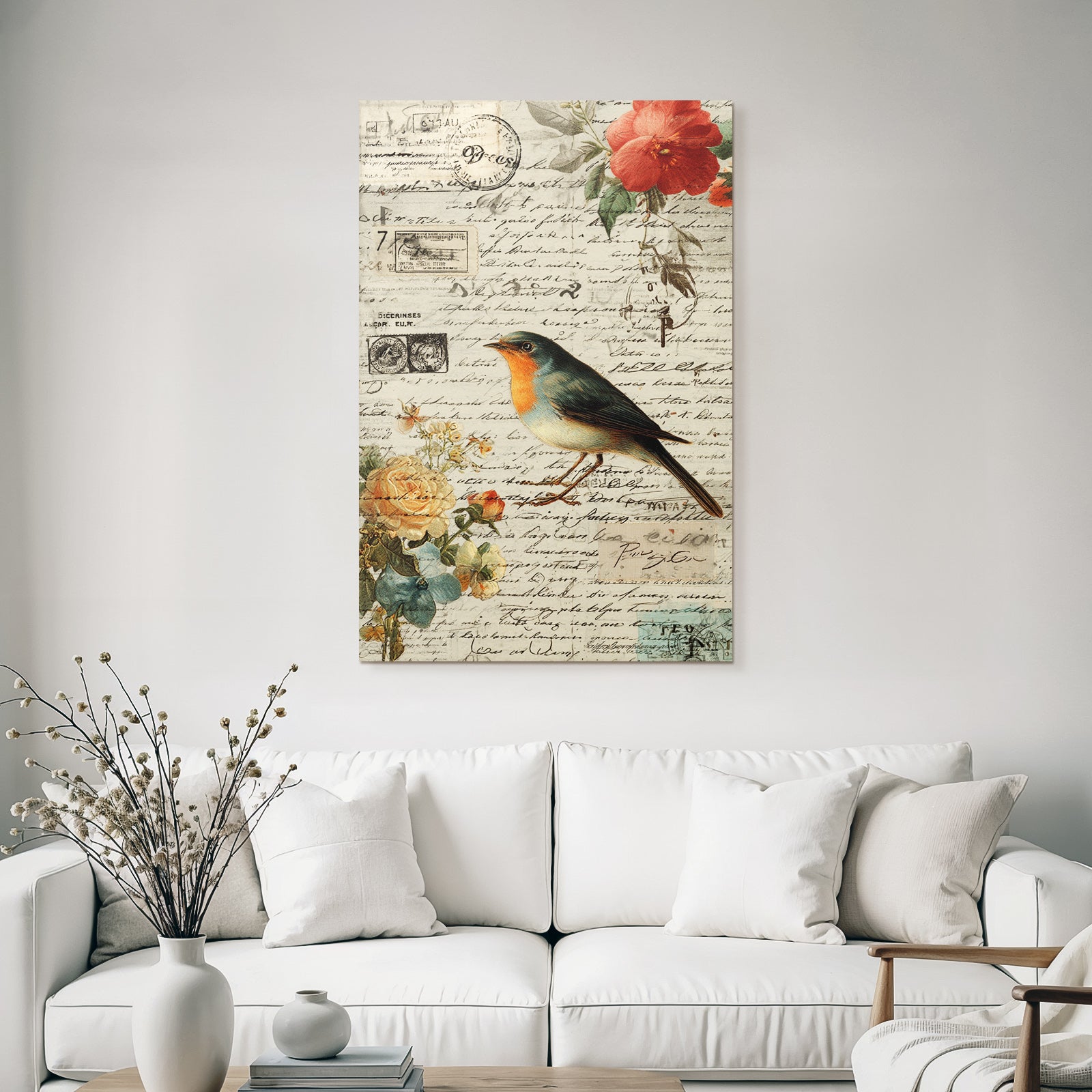 Vintage And Shabby Vintage Collage Bird Flowers Handwriting Stamp