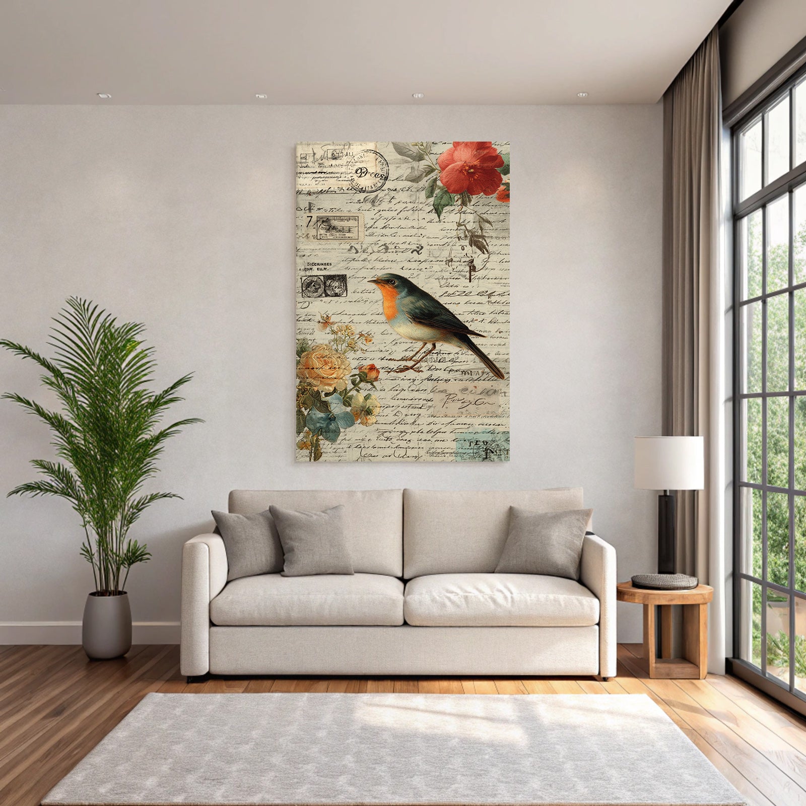 Vintage And Shabby Vintage Collage Bird Flowers Handwriting Stamp