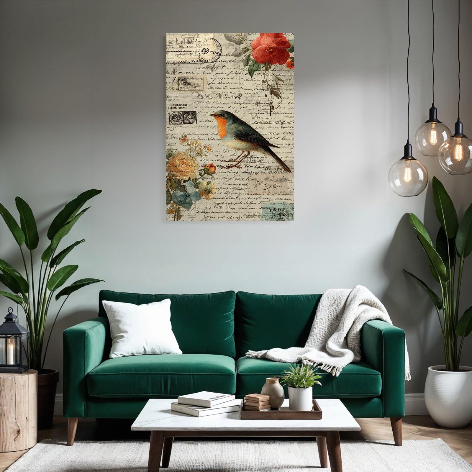 Vintage And Shabby Vintage Collage Bird Flowers Handwriting Stamp